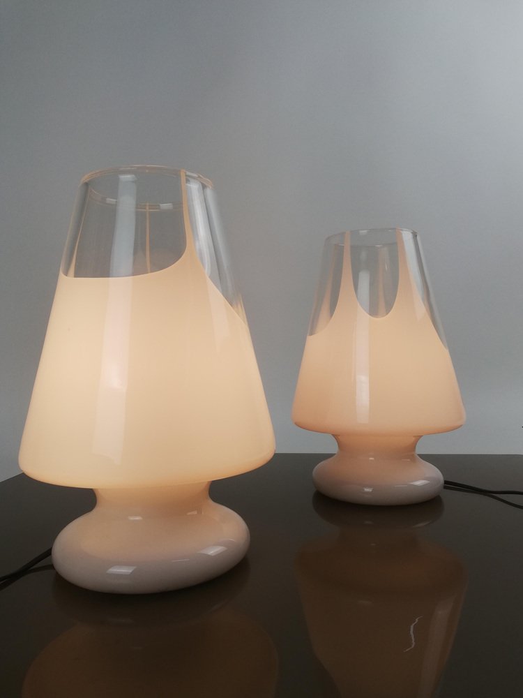 Table Lamps in White Artistic Murano Glass from Prima Luce, Italy, 1970s, Set of 2