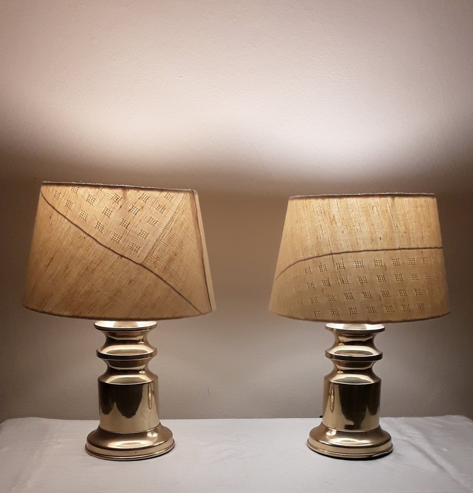 Table Lamps with Brass Bases and Fabric Shades, 1970s, Set of 2