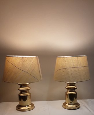 Table Lamps with Brass Bases and Fabric Shades, 1970s, Set of 2-HOI-1787791