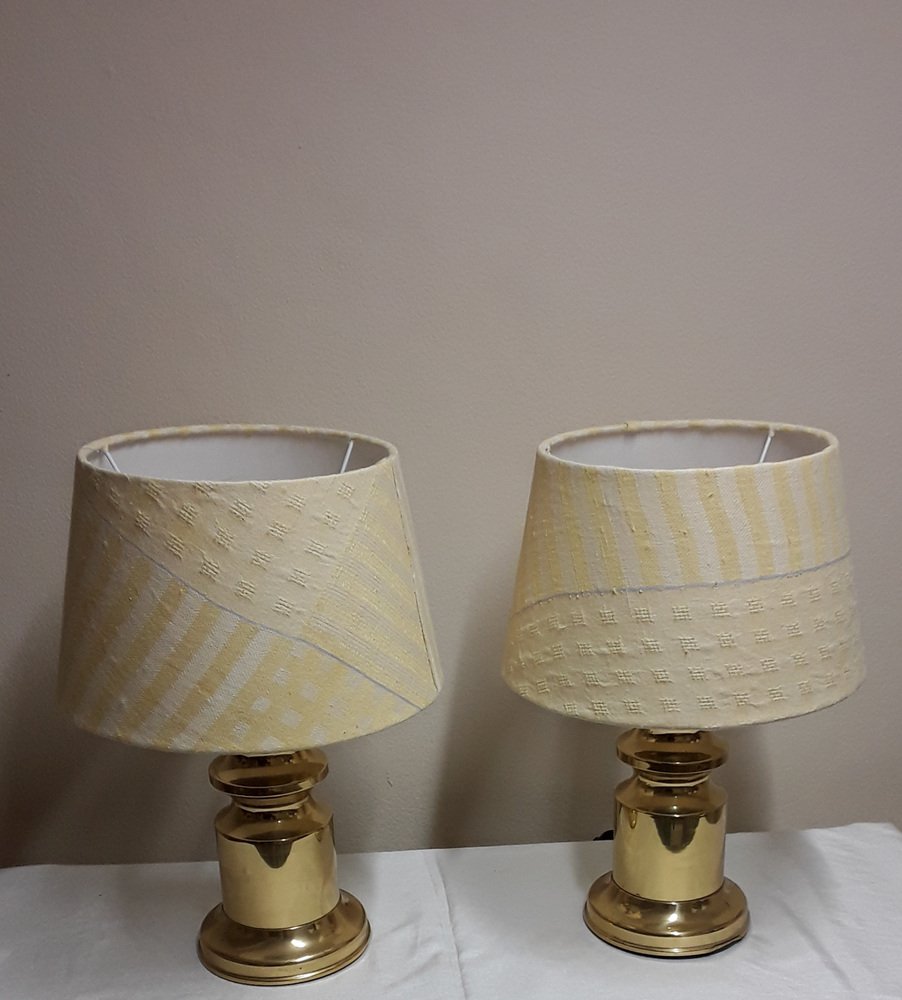 Table Lamps with Brass Bases and Fabric Shades, 1970s, Set of 2