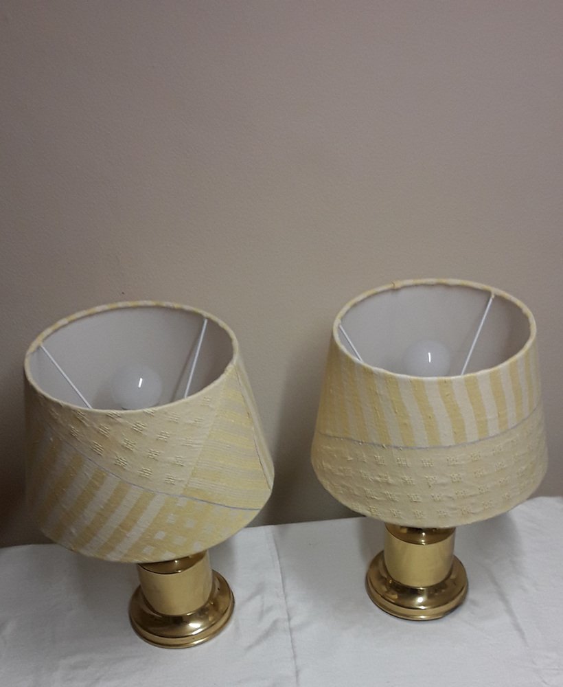 Table Lamps with Brass Bases and Fabric Shades, 1970s, Set of 2