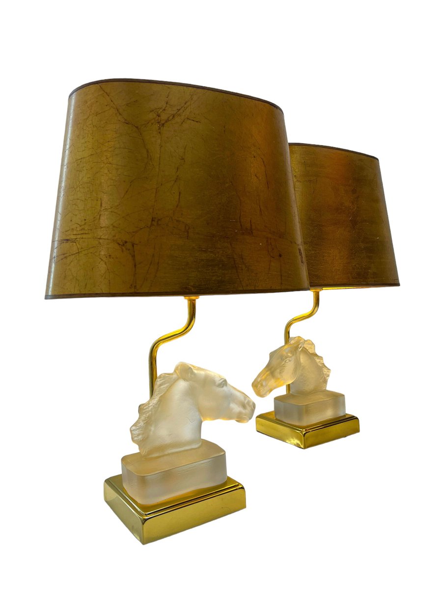 Table Lamps with Glass Horse Head by Maison Le Dauphin, 1970s, Set of 2