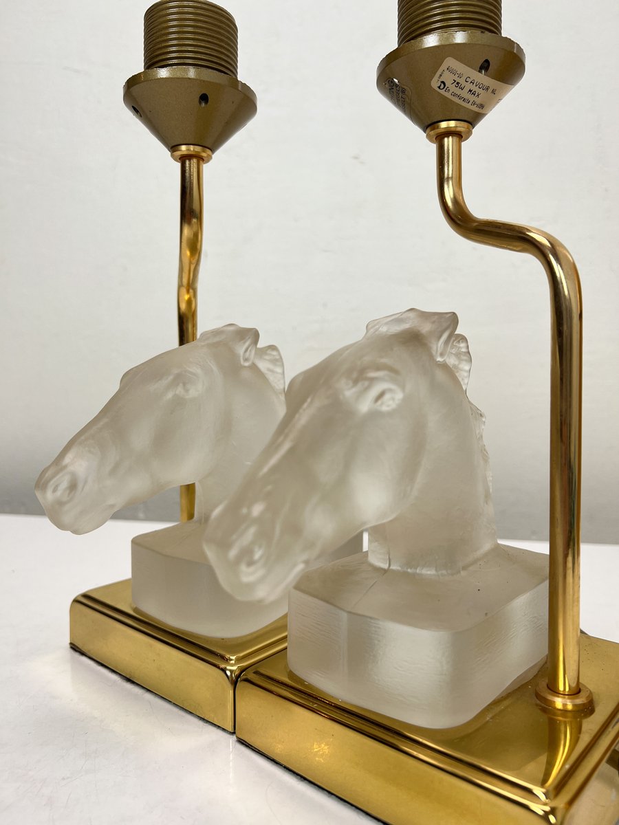 Table Lamps with Glass Horse Head by Maison Le Dauphin, 1970s, Set of 2