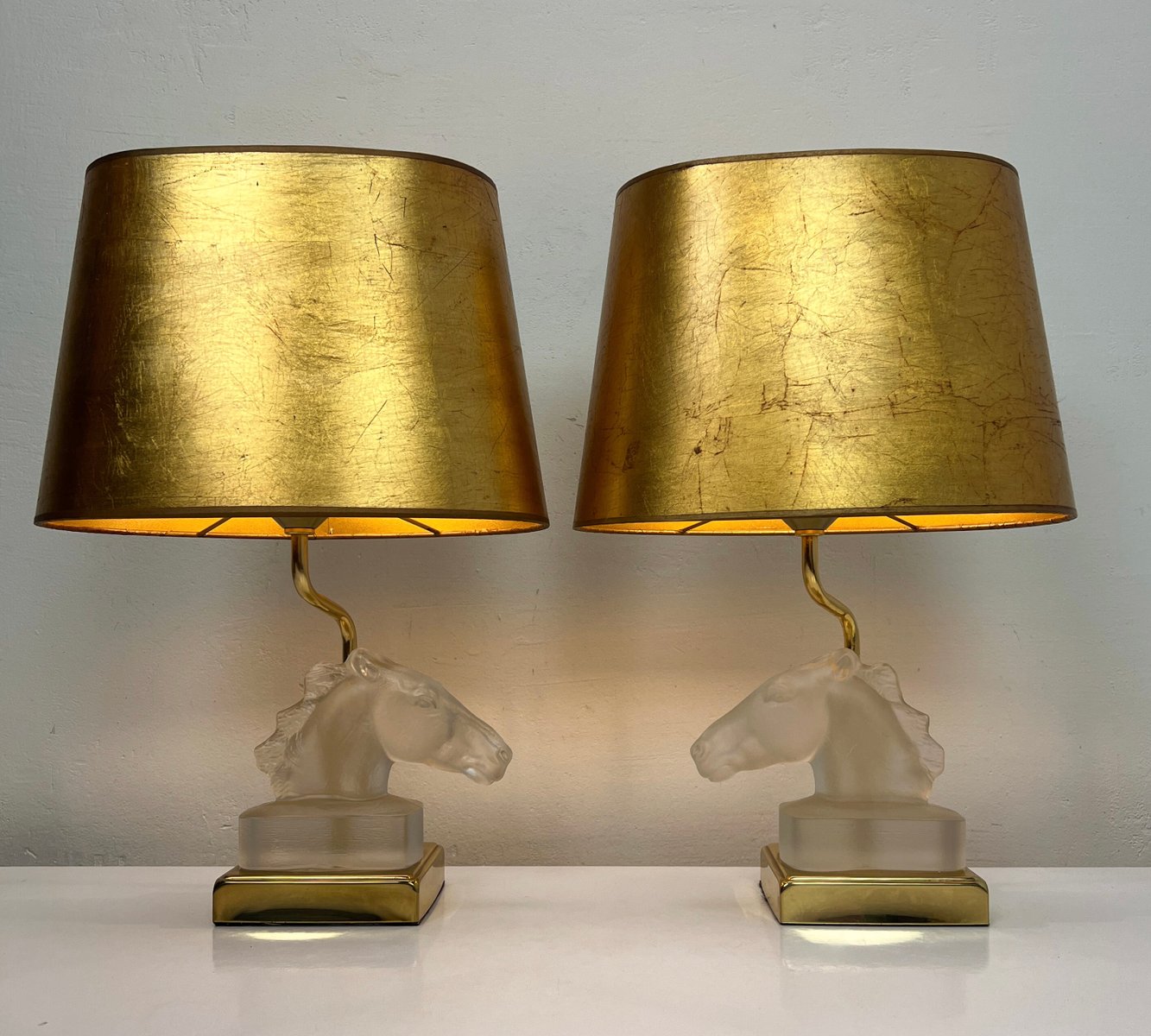 Table Lamps with Glass Horse Head by Maison Le Dauphin, 1970s, Set of 2