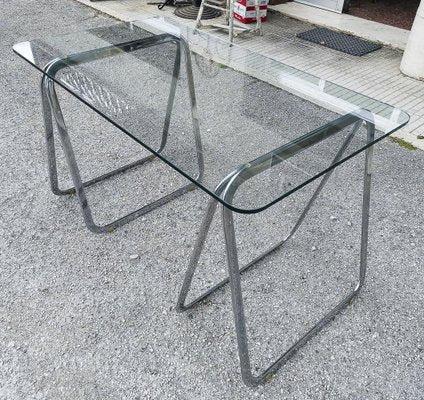 Table with Tempered Crystal Top & Chromed Lockable Legs, Italy, 1990-RAQ-1285754