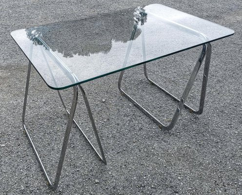 Table with Tempered Crystal Top & Chromed Lockable Legs, Italy, 1990-RAQ-1285754