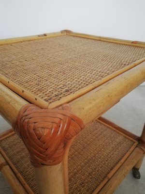 Table with Wheels & Two Rattan and Bamboo Shelves, Italy, 1970s-UIW-1299908