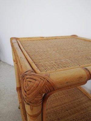 Table with Wheels & Two Rattan and Bamboo Shelves, Italy, 1970s-UIW-1299908