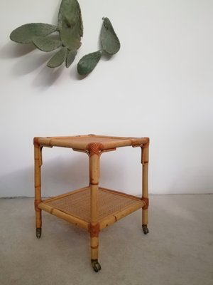 Table with Wheels & Two Rattan and Bamboo Shelves, Italy, 1970s-UIW-1299908