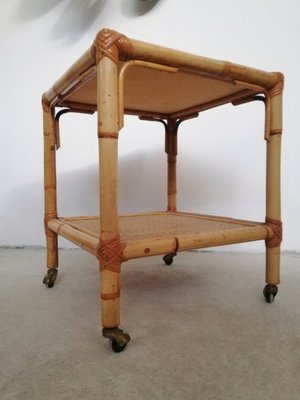 Table with Wheels & Two Rattan and Bamboo Shelves, Italy, 1970s-UIW-1299908