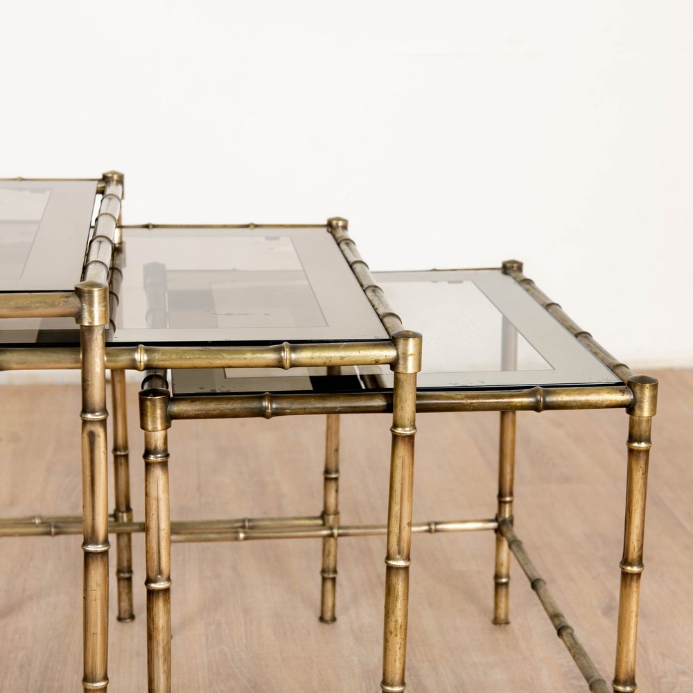 Tables in Brass, Bamboo and Glass from Maison Baguès, 1970s, Set of 3