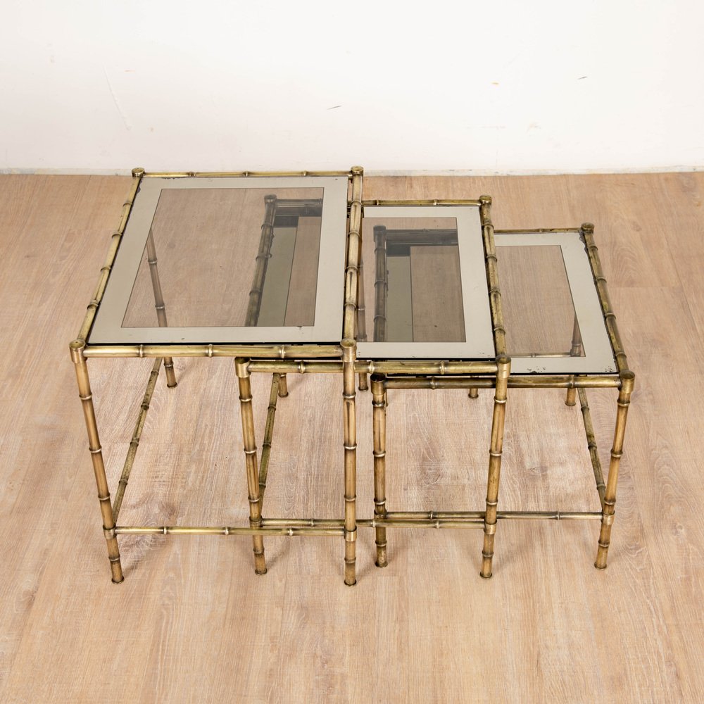 Tables in Brass, Bamboo and Glass from Maison Baguès, 1970s, Set of 3