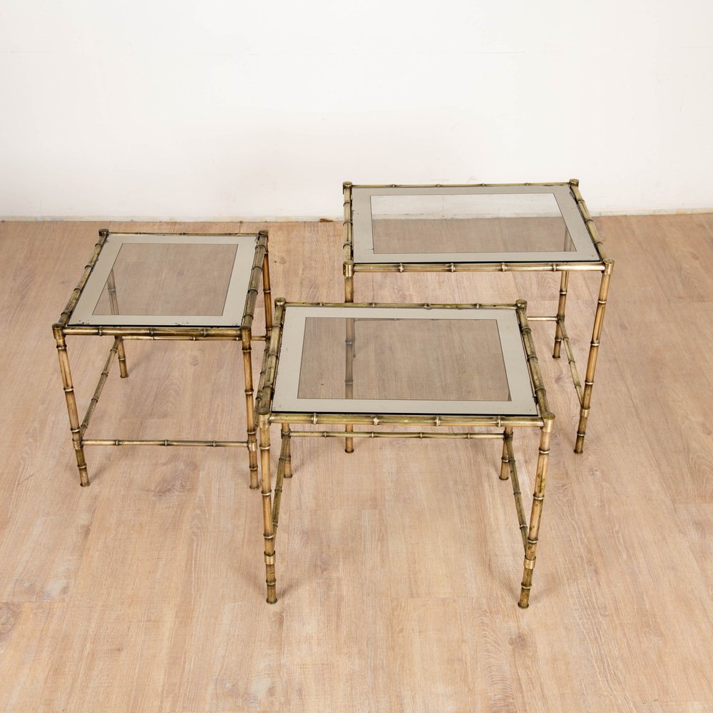 Tables in Brass, Bamboo and Glass from Maison Baguès, 1970s, Set of 3