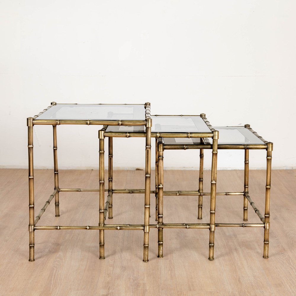 Tables in Brass, Bamboo and Glass from Maison Baguès, 1970s, Set of 3