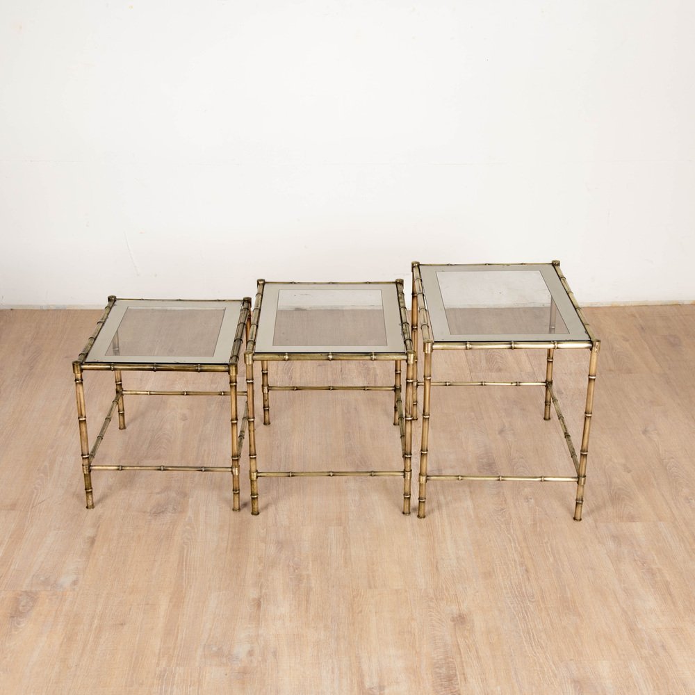 Tables in Brass, Bamboo and Glass from Maison Baguès, 1970s, Set of 3