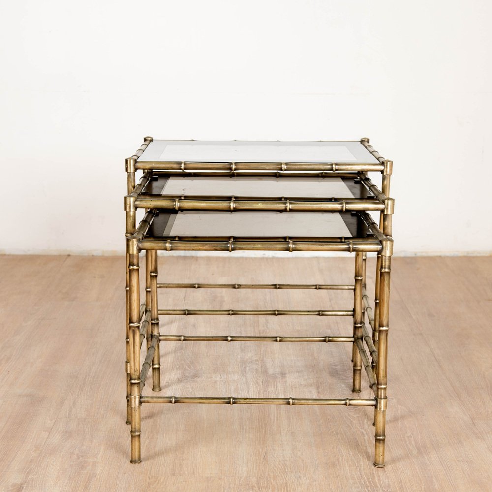 Tables in Brass, Bamboo and Glass from Maison Baguès, 1970s, Set of 3