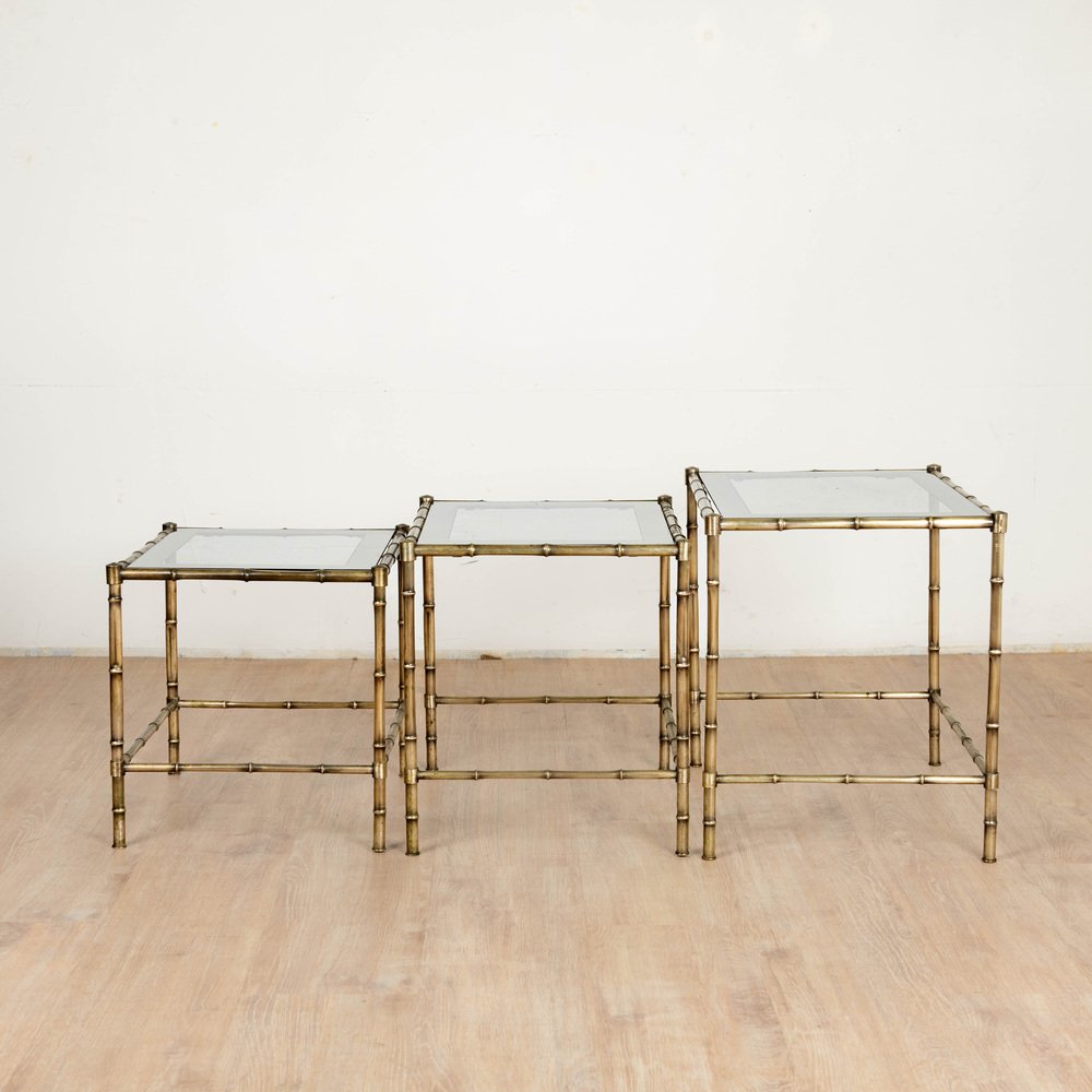 Tables in Brass, Bamboo and Glass from Maison Baguès, 1970s, Set of 3