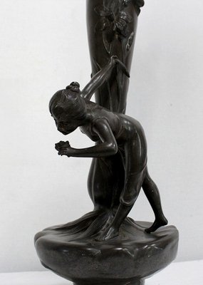 Tall Art Nouveau Vase in Pewter Depicting Young Woman Picking Water Lily by P. Jean, Early 20th Century-RVK-1016327