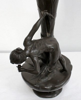 Tall Art Nouveau Vase in Pewter Depicting Young Woman Picking Water Lily by P. Jean, Early 20th Century-RVK-1016327