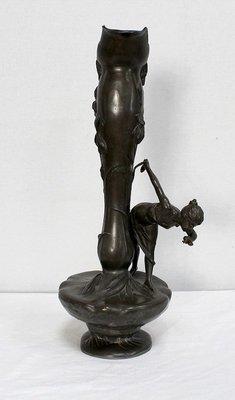 Tall Art Nouveau Vase in Pewter Depicting Young Woman Picking Water Lily by P. Jean, Early 20th Century-RVK-1016327