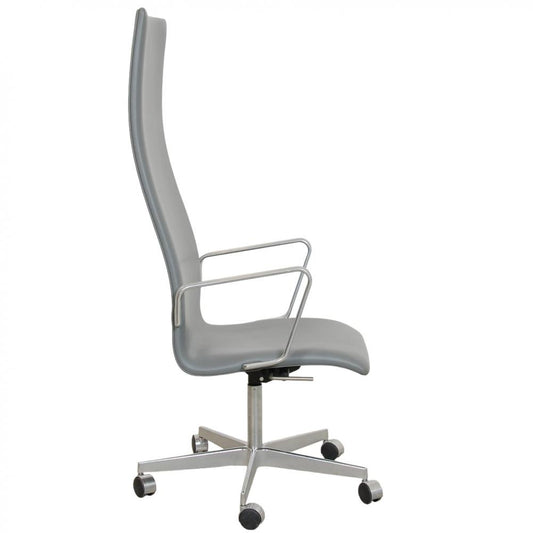 Tall Backed Oxford Office Chair in Grey Leather by Arne Jacobsen for Fritz Hansen