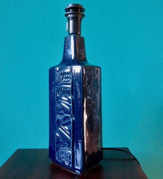 Tall Blue Enamelled Sandstone Table Lamp by Désirée. Denmark, 1965