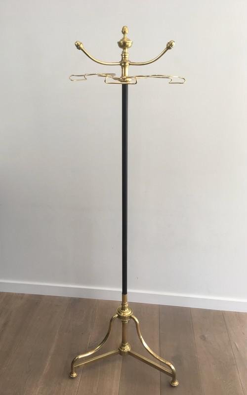 Tall French Black Lacquered & Brass Coat & Hat Rack, 1900s