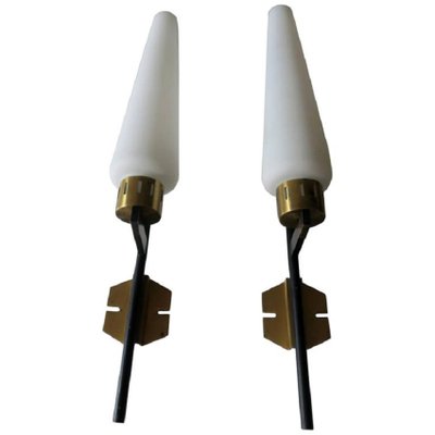 Tall Italian Black Iron, Brass & Opaline Glass Wall Lights, 1950s, Set of 2-ED-1749026