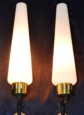 Tall Italian Black Iron, Brass & Opaline Glass Wall Lights, 1950s, Set of 2-ED-1749026