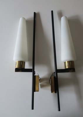 Tall Italian Black Iron, Brass & Opaline Glass Wall Lights, 1950s, Set of 2-ED-1749026