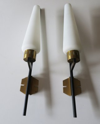 Tall Italian Black Iron, Brass & Opaline Glass Wall Lights, 1950s, Set of 2-ED-1749026