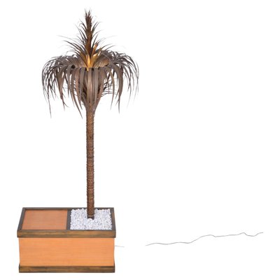 Tall Italian Hollywood Regency Palm-Shaped Lamp in Brass and Wood with Cabinet, 1970s-FN-1373997