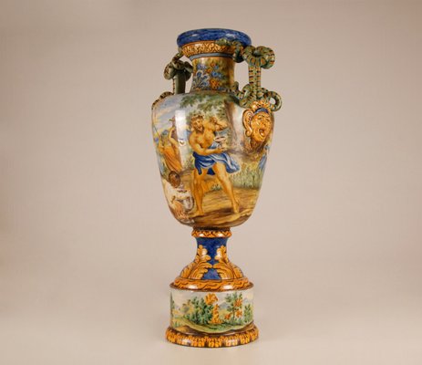 Tall Italian Majolica Serpentine Handles Vase with Separate Base Depicting Mythological Scene by Annibale Carracci, Farnese Gallery, Rome, 1597-GOE-952170