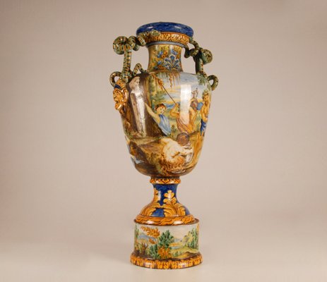 Tall Italian Majolica Serpentine Handles Vase with Separate Base Depicting Mythological Scene by Annibale Carracci, Farnese Gallery, Rome, 1597-GOE-952170