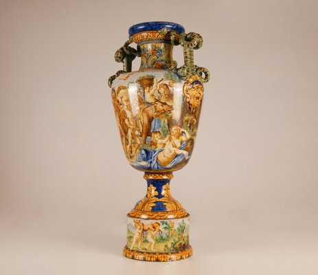 Tall Italian Majolica Serpentine Handles Vase with Separate Base Depicting Mythological Scene by Annibale Carracci, Farnese Gallery, Rome, 1597-GOE-952170