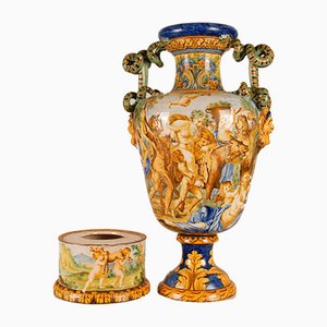 Tall Italian Majolica Serpentine Handles Vase with Separate Base Depicting Mythological Scene by Annibale Carracci, Farnese Gallery, Rome, 1597-GOE-952170