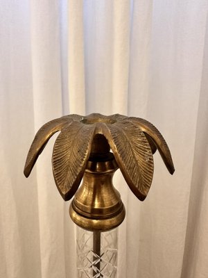 Tall Mid-Century Brass Palm Tree Candleholder with Cut Glass Stem-NOT-1806826