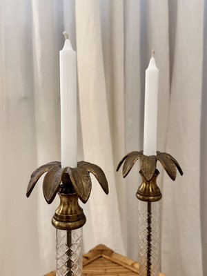 Tall Mid-Century Brass Palm Tree Candleholder with Cut Glass Stem-NOT-1806826