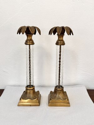 Tall Mid-Century Brass Palm Tree Candleholder with Cut Glass Stem-NOT-1806826