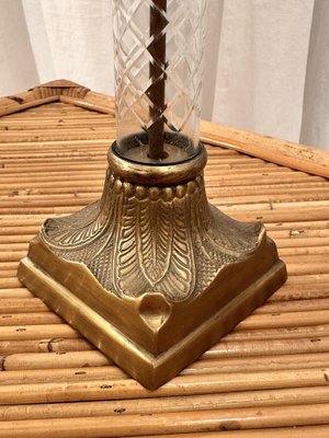 Tall Mid-Century Brass Palm Tree Candleholder with Cut Glass Stem-NOT-1806826