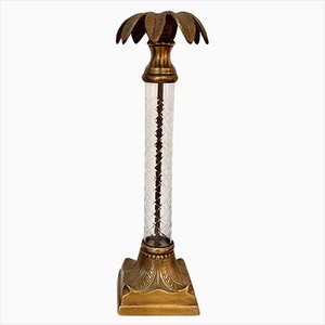 Tall Mid-Century Brass Palm Tree Candleholder with Cut Glass Stem-NOT-1806826