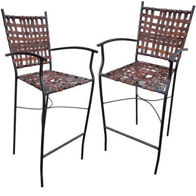 Tall Spanish Wrought Iron and Leather Stools, 1980s, Set of 2-TCS-1419707