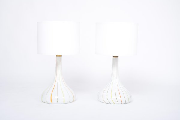 Tall White Glass Model Candy Table Lamps attributed to Holmegaard, 1970s, Set of 2-FN-1394572