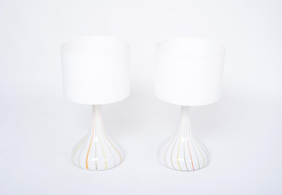 Tall White Glass Model Candy Table Lamps attributed to Holmegaard, 1970s, Set of 2-FN-1394572