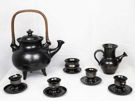 Tea Service in Black Ceramic by Jean Marais, 1980, Set of 7-YBU-1419624