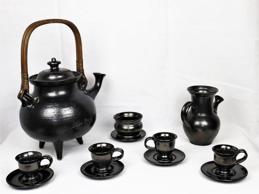 Tea Service in Black Ceramic by Jean Marais, 1980, Set of 7-YBU-1419624