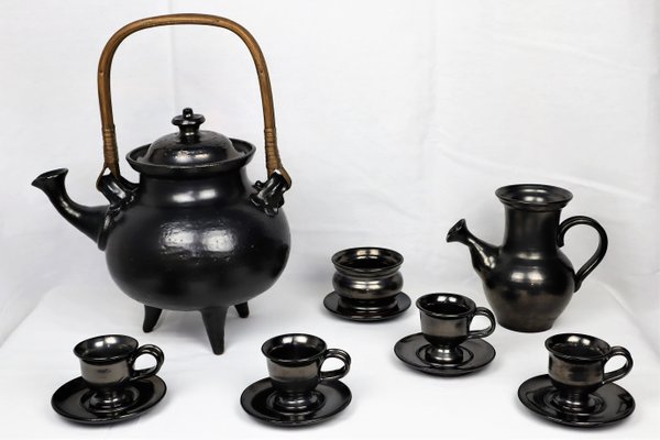 Tea Service in Black Ceramic by Jean Marais, 1980, Set of 7-YBU-1419624