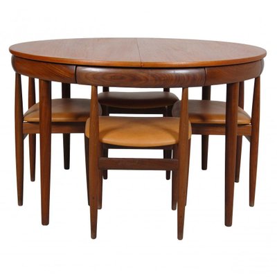 Teak and Cognac Aniline Leather Roundette Table with Chairs by Hans Olsen for Frem Røjle, 1890s-MTD-1400281