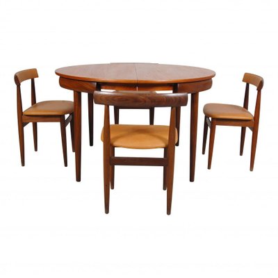 Teak and Cognac Aniline Leather Roundette Table with Chairs by Hans Olsen for Frem Røjle, 1890s-MTD-1400281