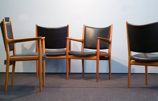 Teak and Leather Jh 513 Armchairs by Hans J. Wegner for Johannes Hansen, 1960s, Set of 4